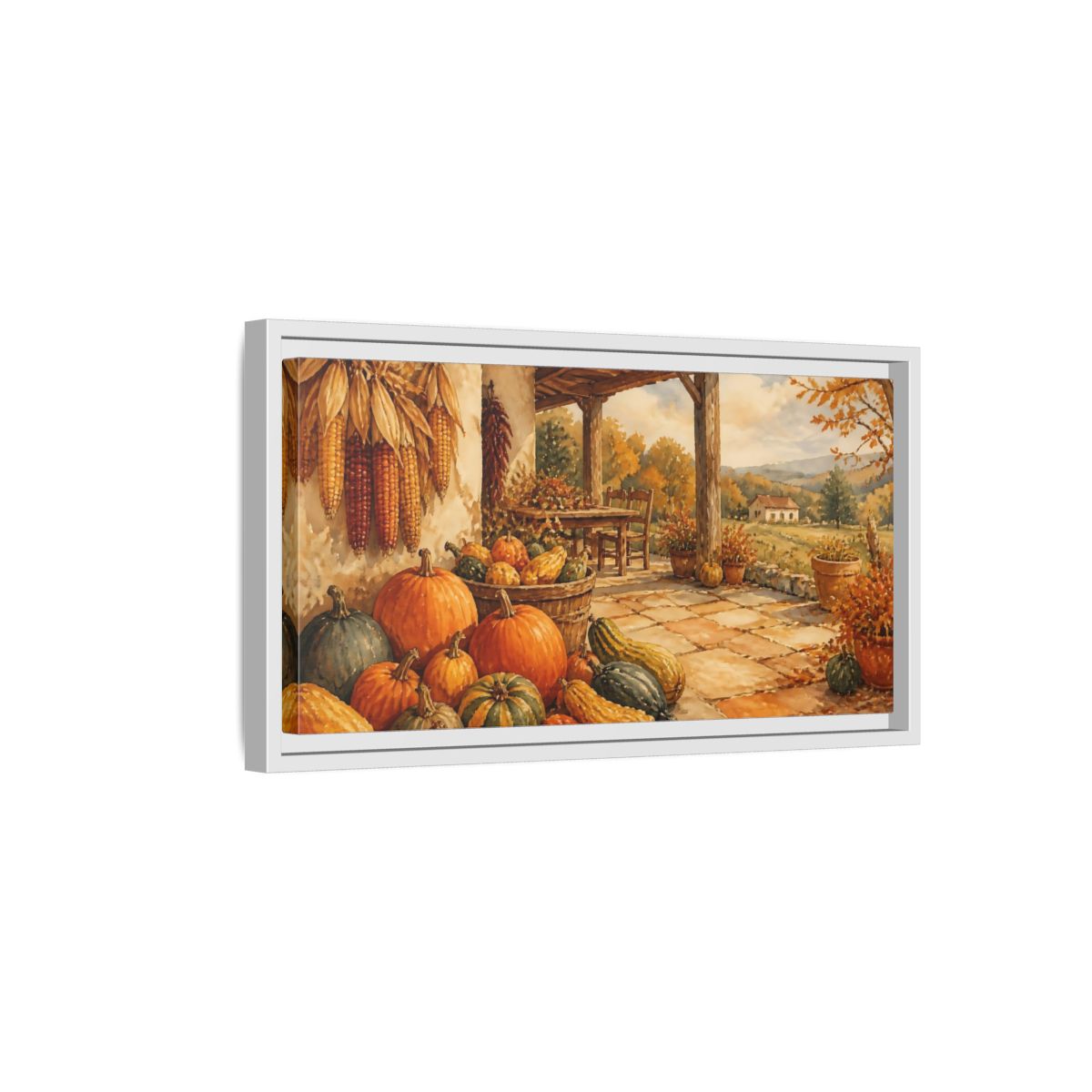 Side Mockup 6. Autumn Porch Harvest shown as framed canvas print