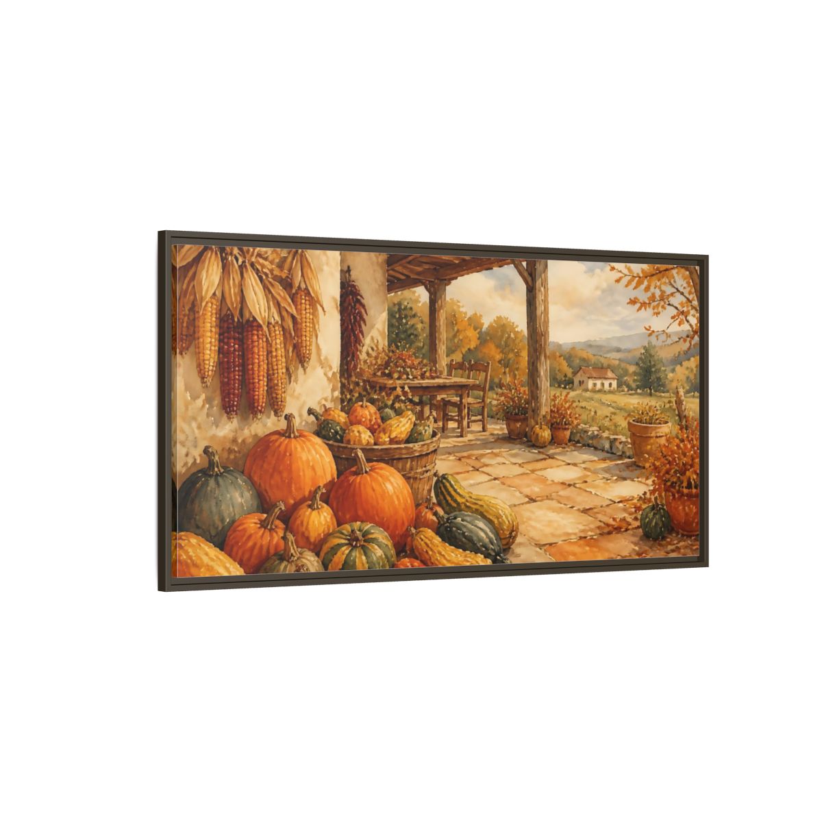 Side Mockup 4. Autumn Porch Harvest shown as framed canvas print