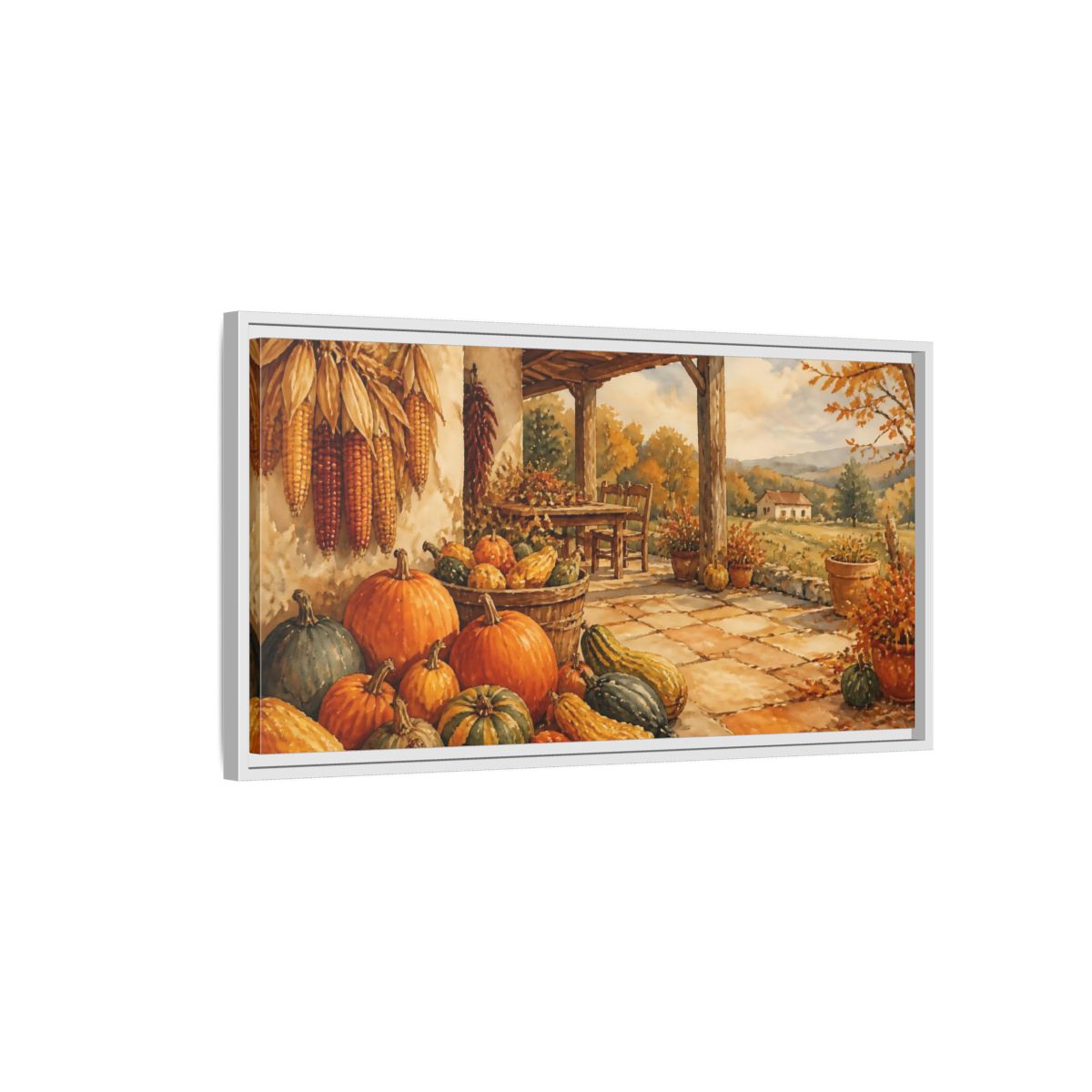 Side Mockup 1. Autumn Porch Harvest shown as framed canvas print