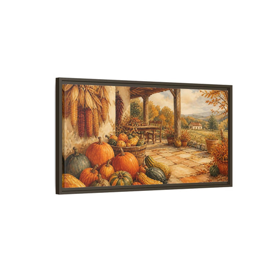 Main Mockup. Autumn Porch Harvest shown as framed canvas print