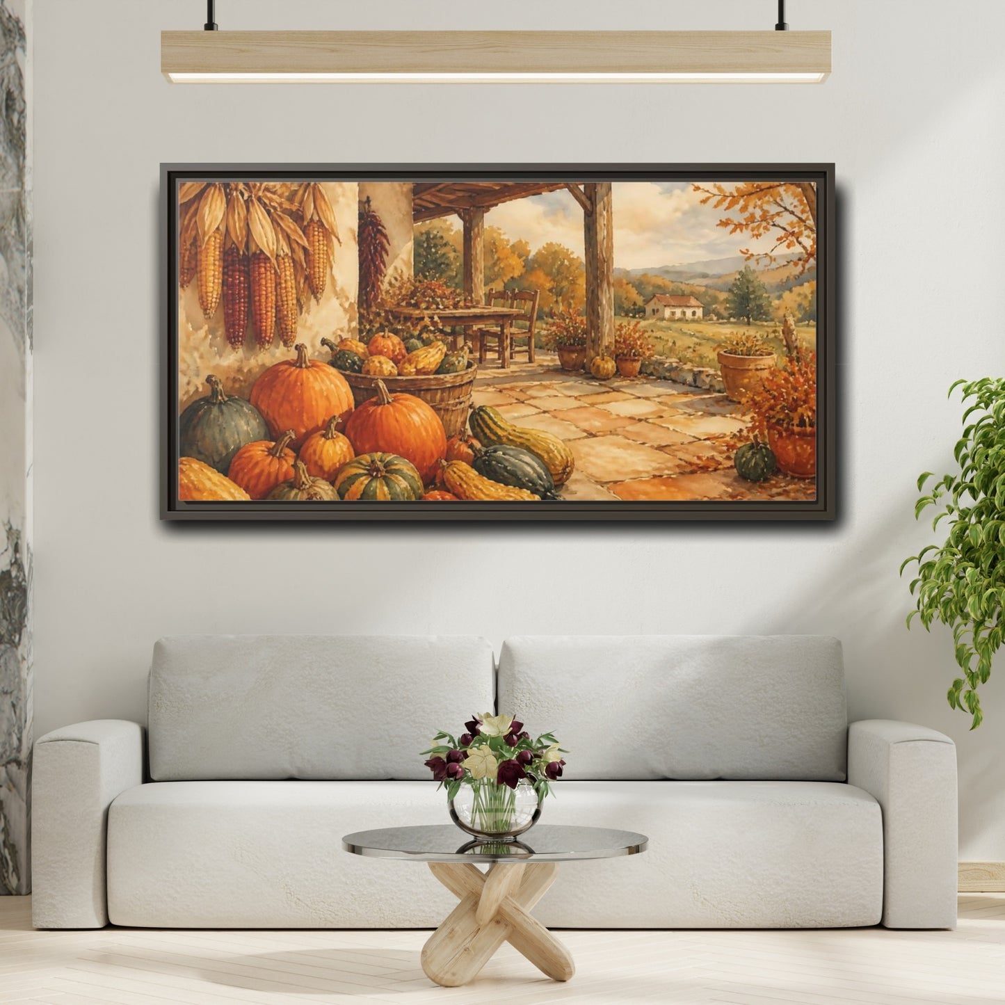 Mockup 2. Autumn Porch Harvest shown as framed canvas print