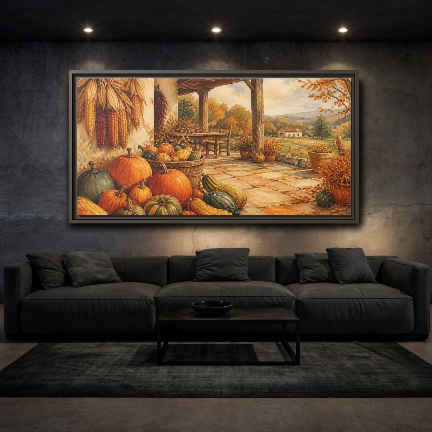 Mockup 3. Autumn Porch Harvest shown as framed canvas print