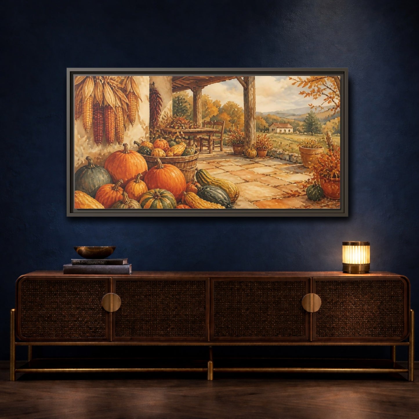 Mockup 4. Autumn Porch Harvest shown as framed canvas print