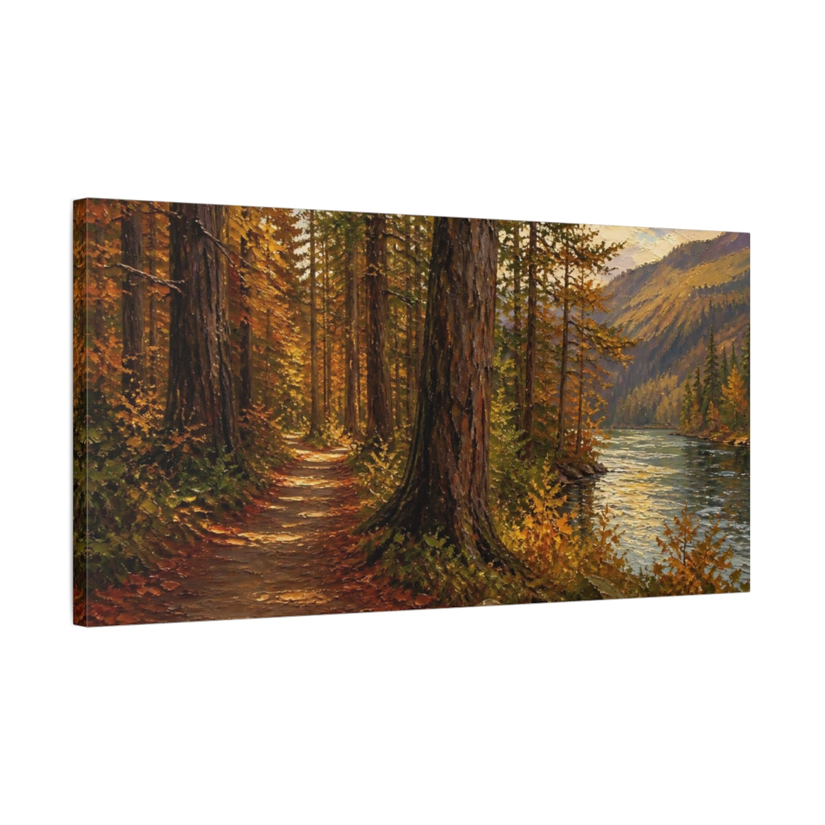 Side Mockup 1. Autumn River Trail shown as canvas print