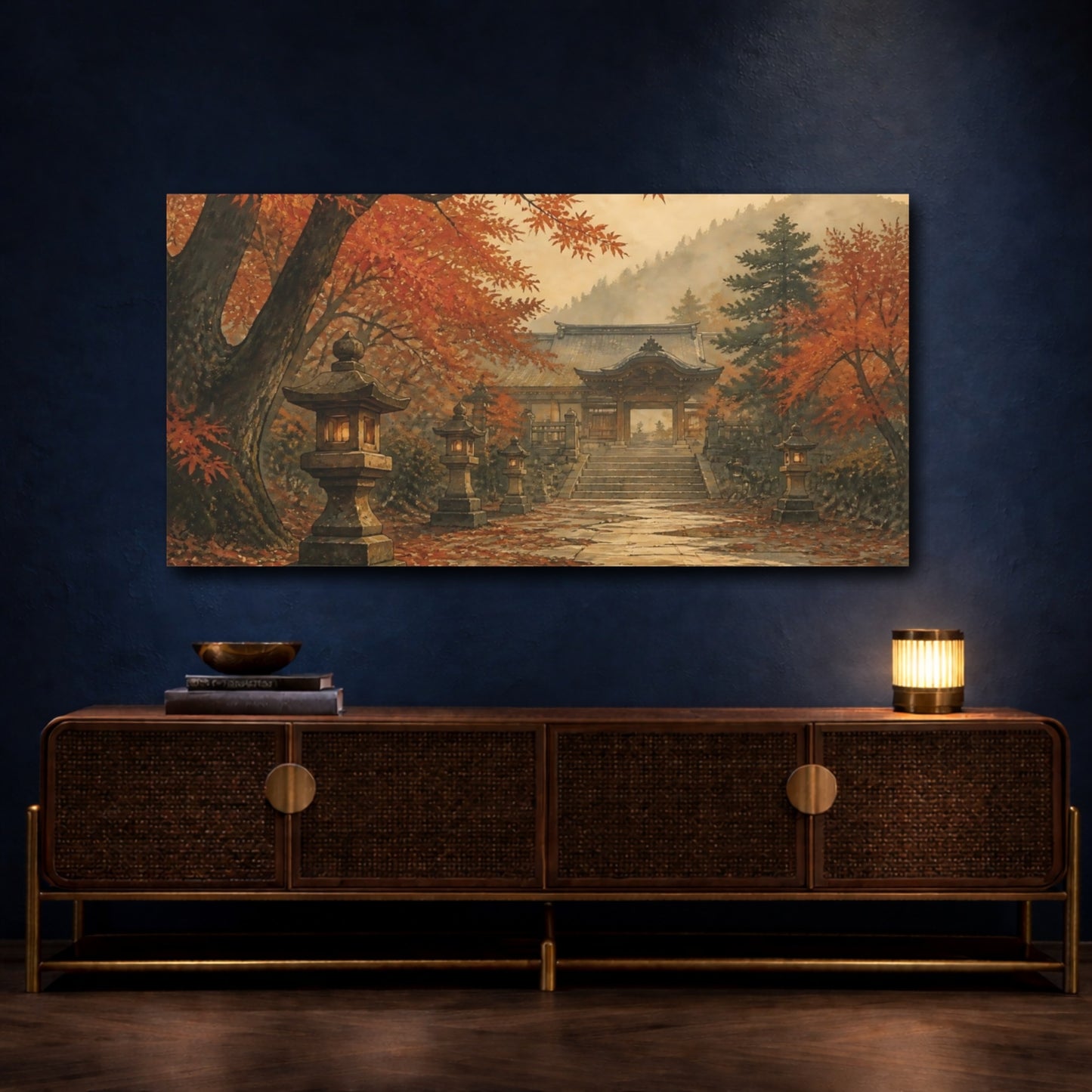Mockup 4. Autumn Shrine Pathway shown as canvas print