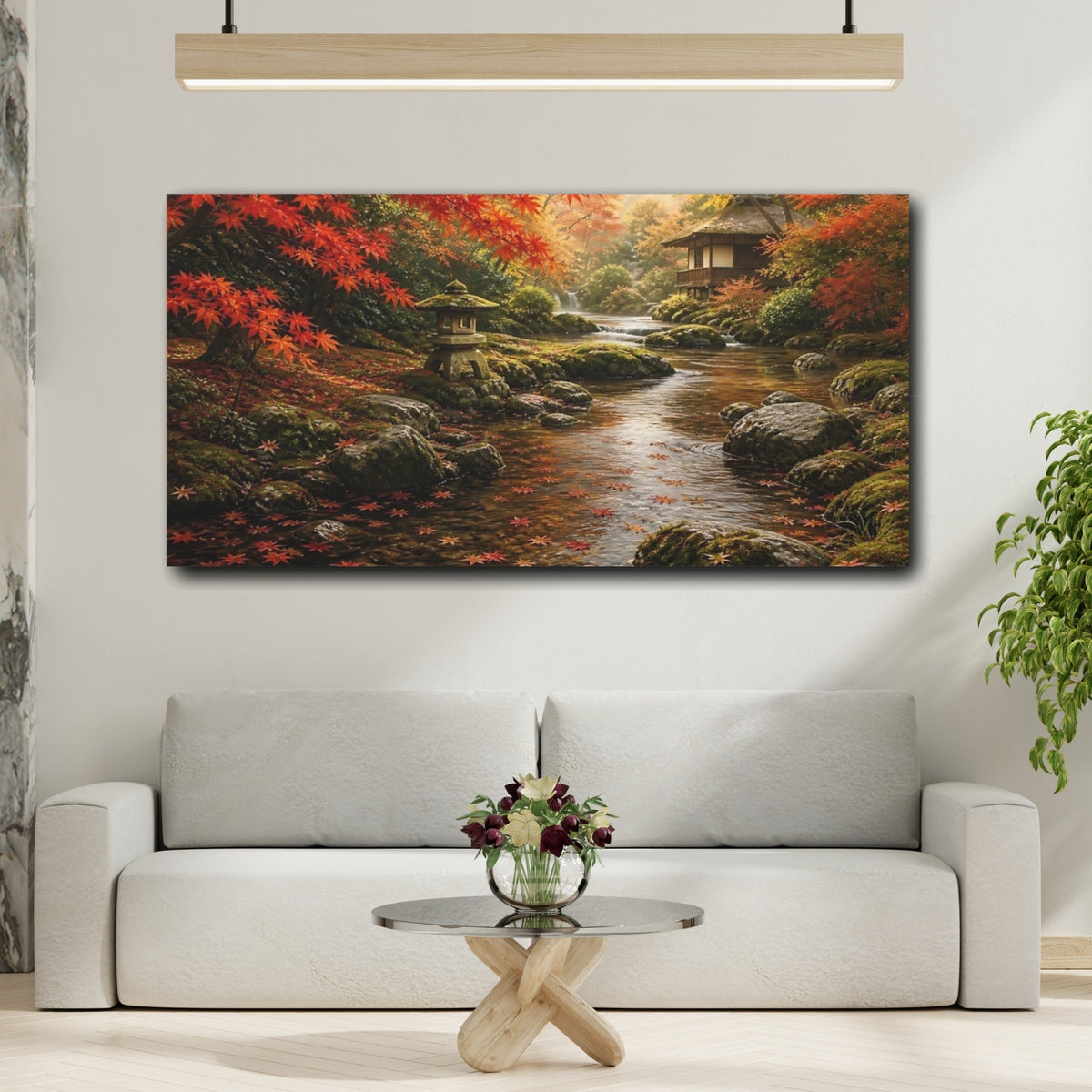Mockup 2. Autumn Stream With Lantern shown as canvas print