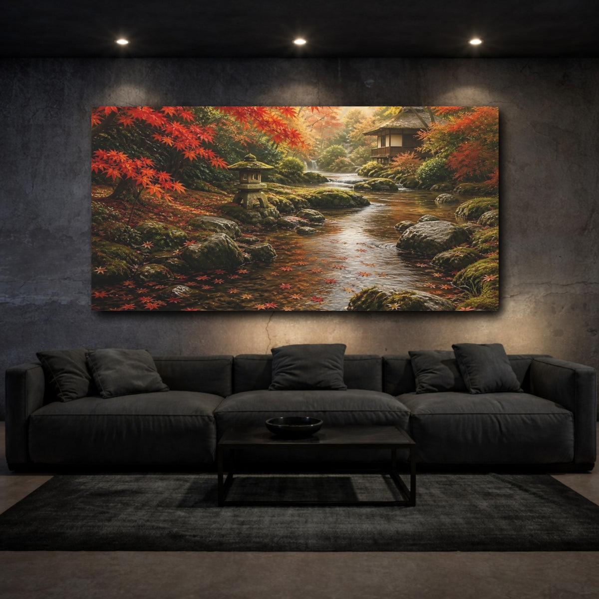 Mockup 3. Autumn Stream With Lantern shown as canvas print