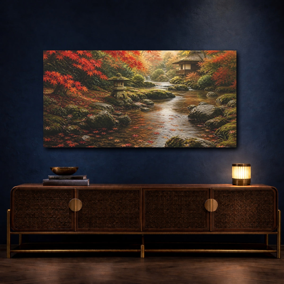 Mockup 4. Autumn Stream With Lantern shown as canvas print