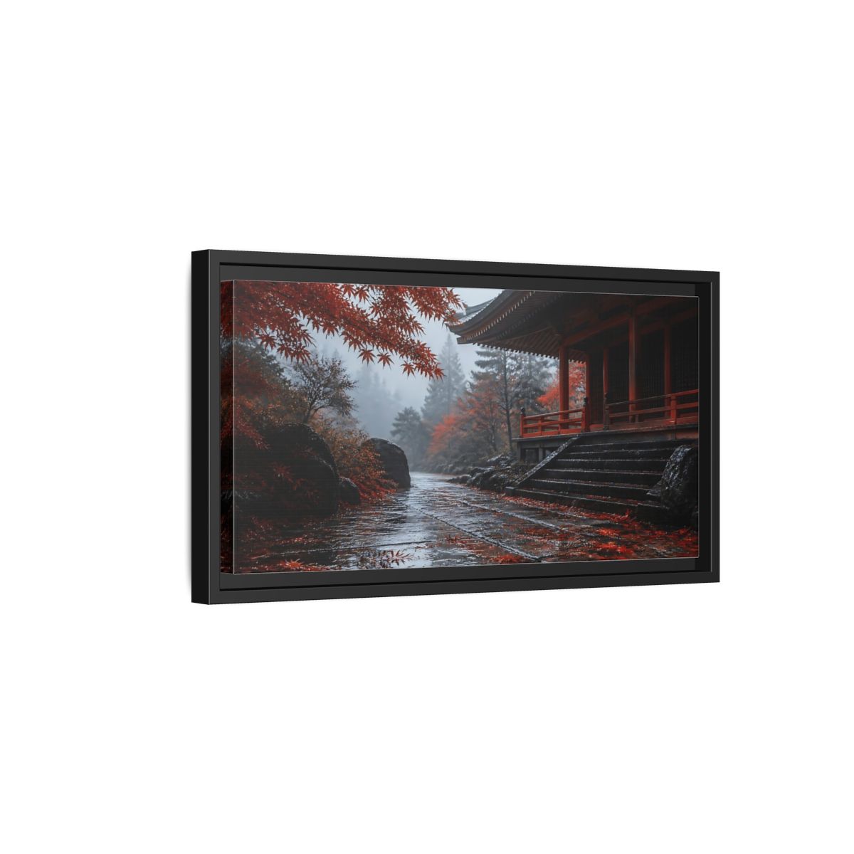 Side Mockup 8. Autumn Temple Pathway shown as framed canvas print