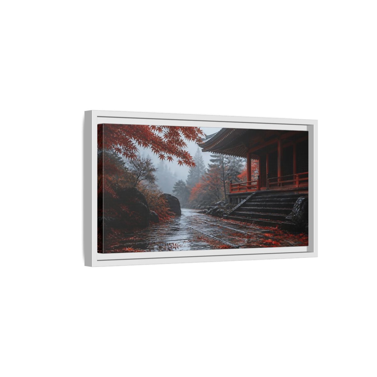 Side Mockup 6. Autumn Temple Pathway shown as framed canvas print