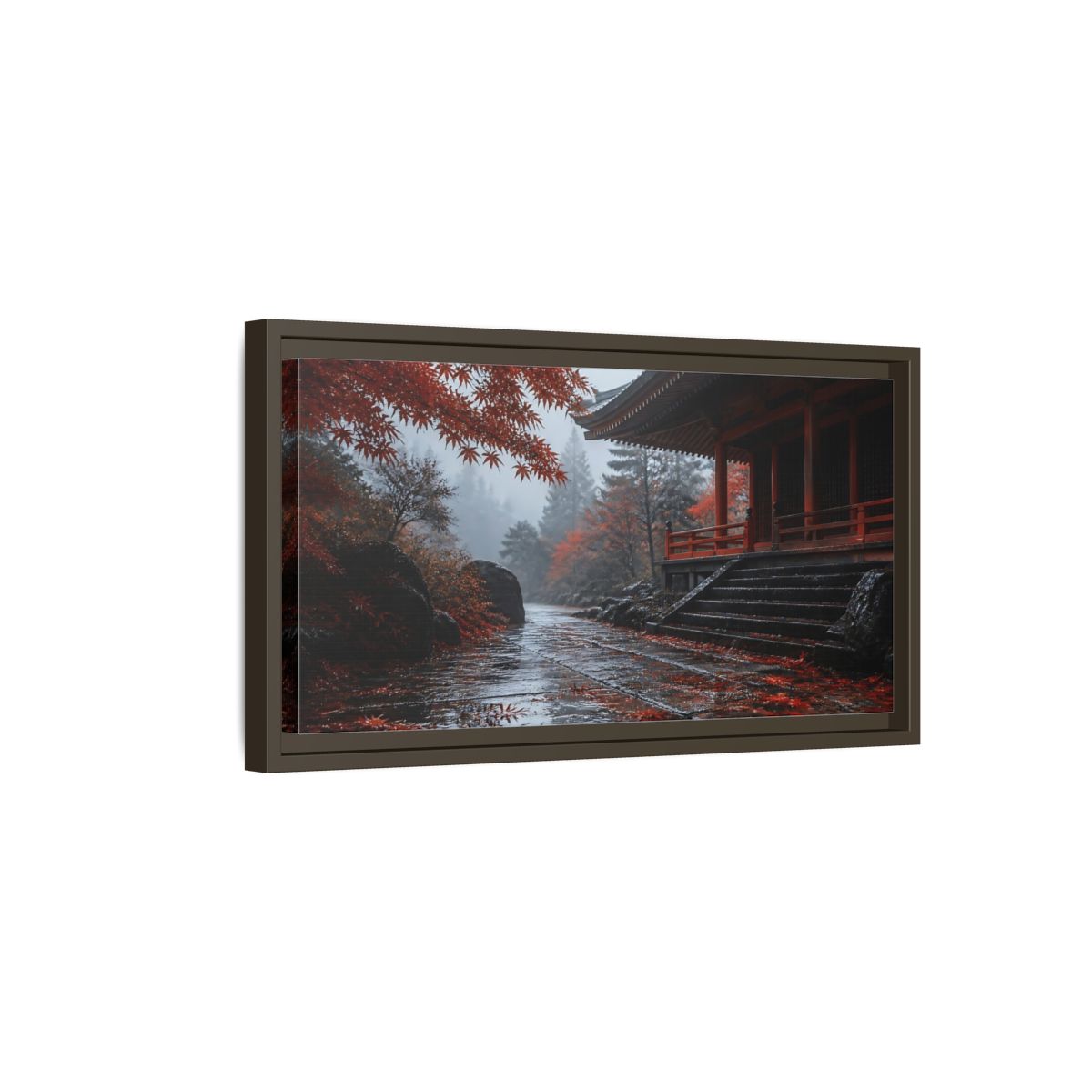 Side Mockup 7. Autumn Temple Pathway shown as framed canvas print