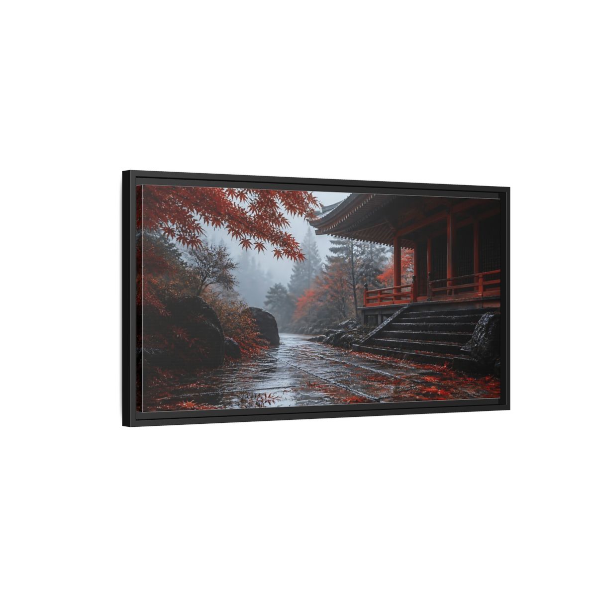 Side Mockup 2. Autumn Temple Pathway shown as framed canvas print