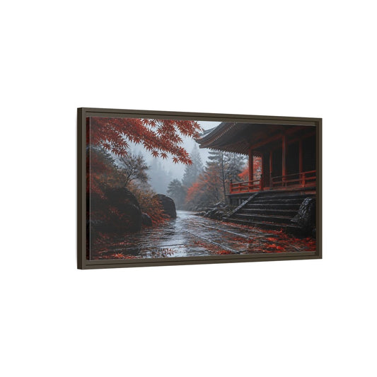 Main Mockup. Autumn Temple Pathway shown as framed canvas print