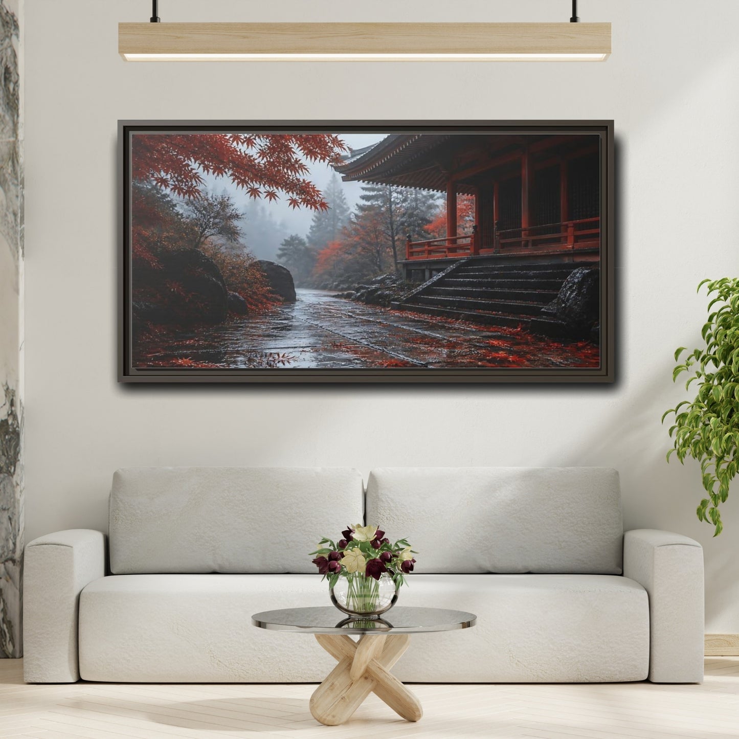 Mockup 2. Autumn Temple Pathway shown as framed canvas print
