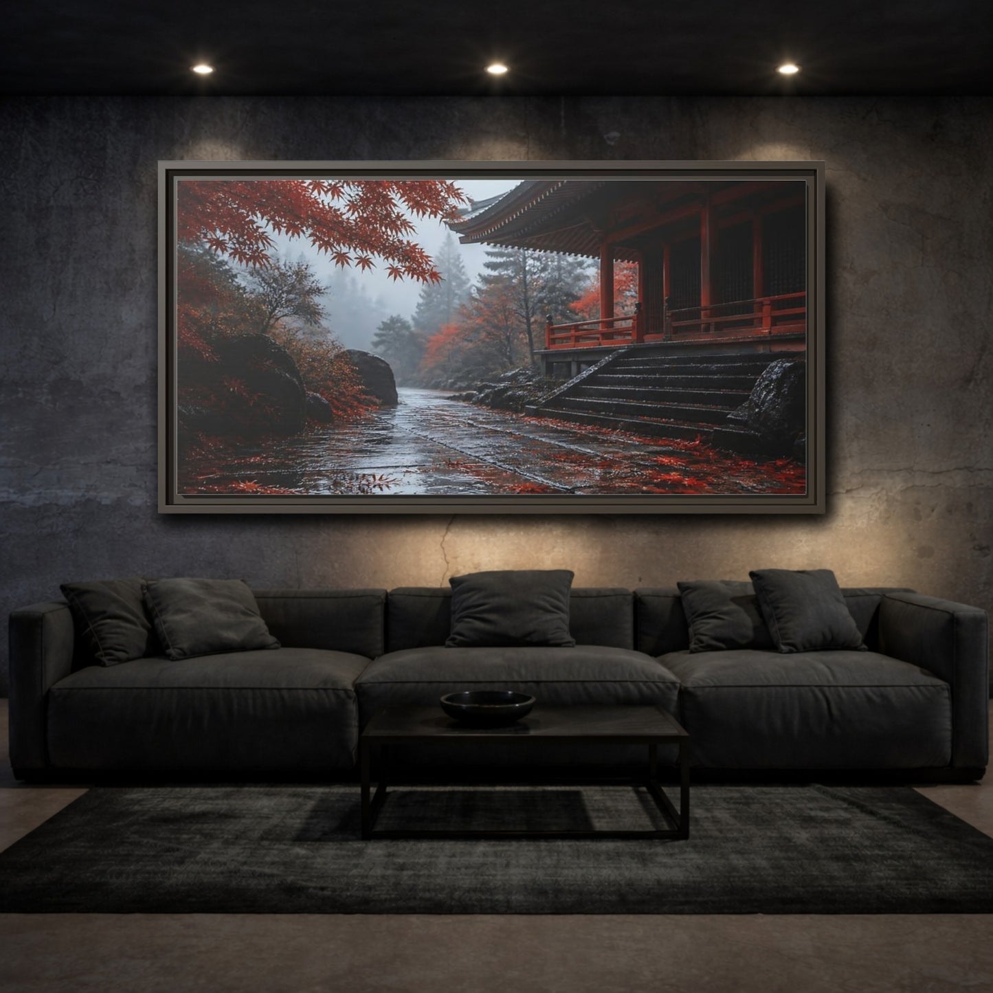 Mockup 3. Autumn Temple Pathway shown as framed canvas print