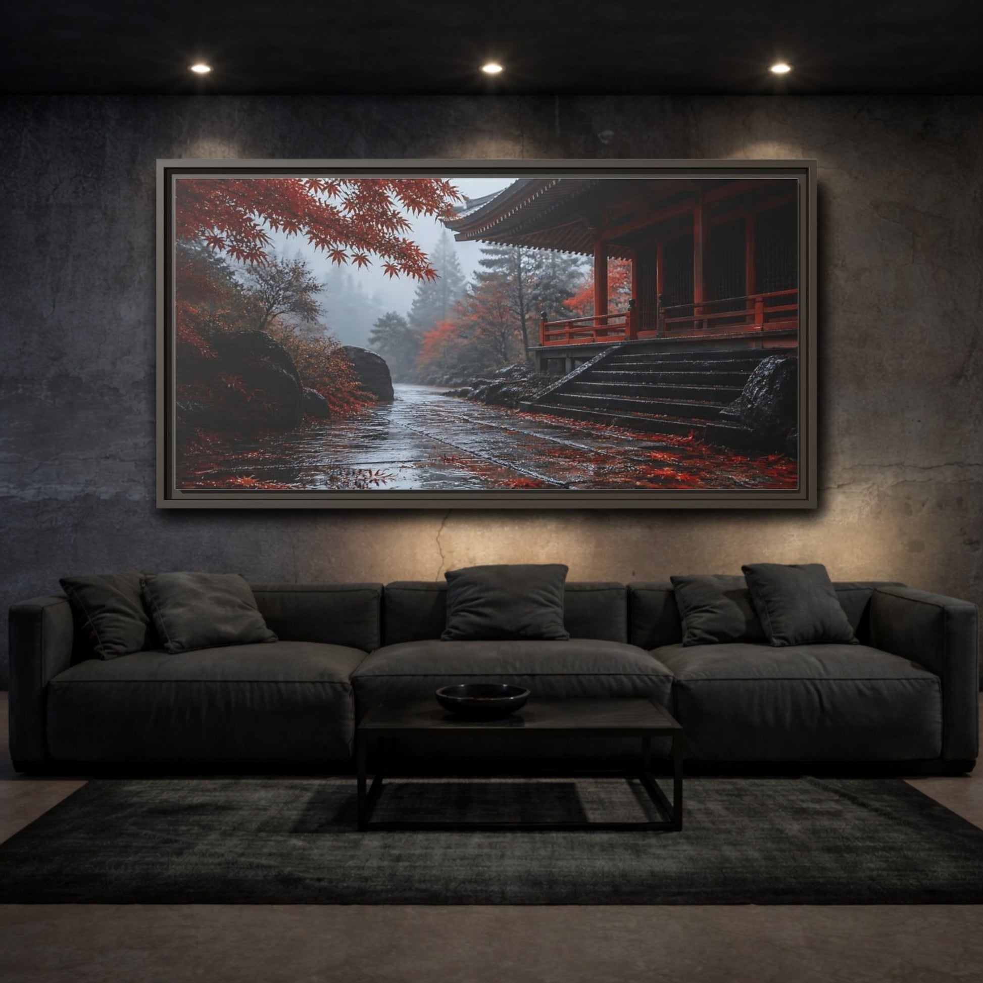 Mockup 3. Autumn Temple Pathway shown as framed canvas print