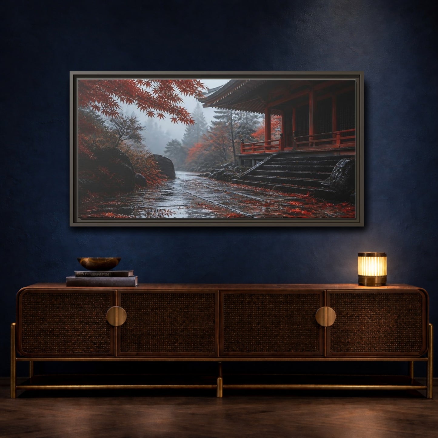 Mockup 4. Autumn Temple Pathway shown as framed canvas print
