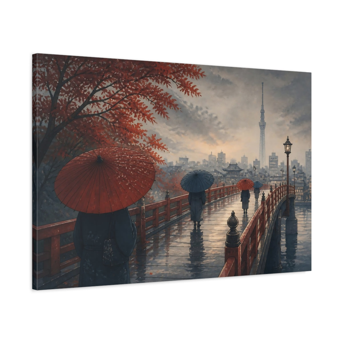Main Mockup. Autumn Umbrellas On Bridge shown as canvas print