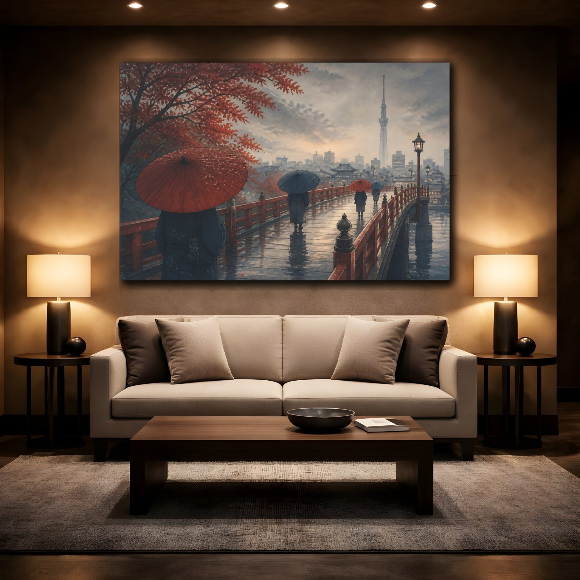 Mockup 2. Autumn Umbrellas On Bridge shown as canvas print