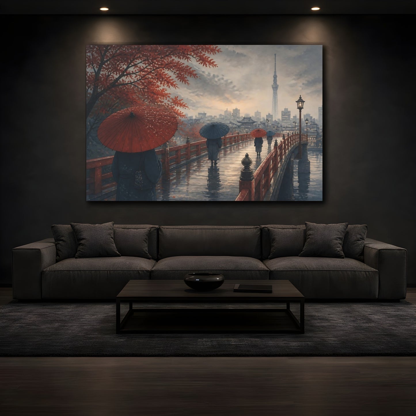 Mockup 3. Autumn Umbrellas On Bridge shown as canvas print