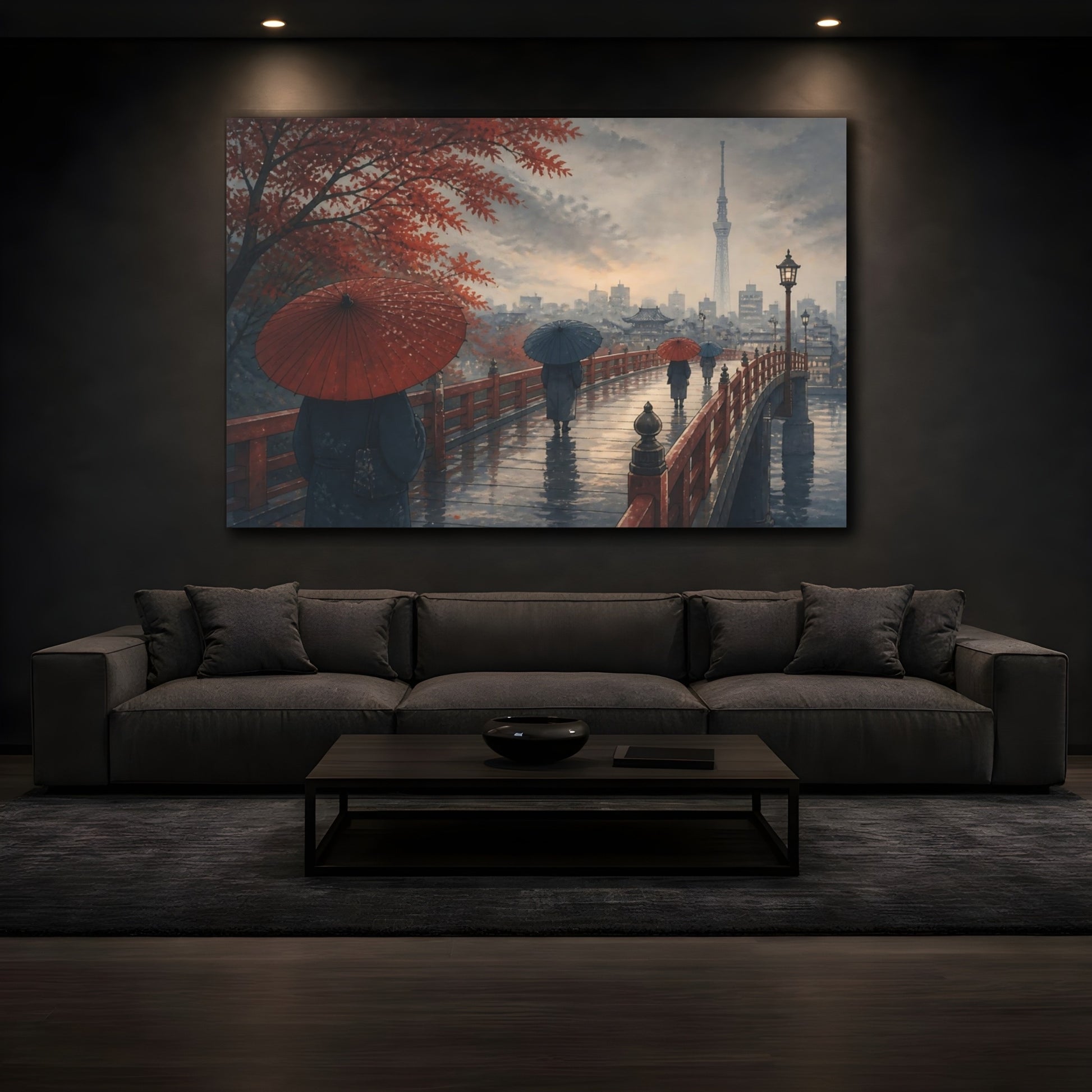 Mockup 3. Autumn Umbrellas On Bridge shown as canvas print
