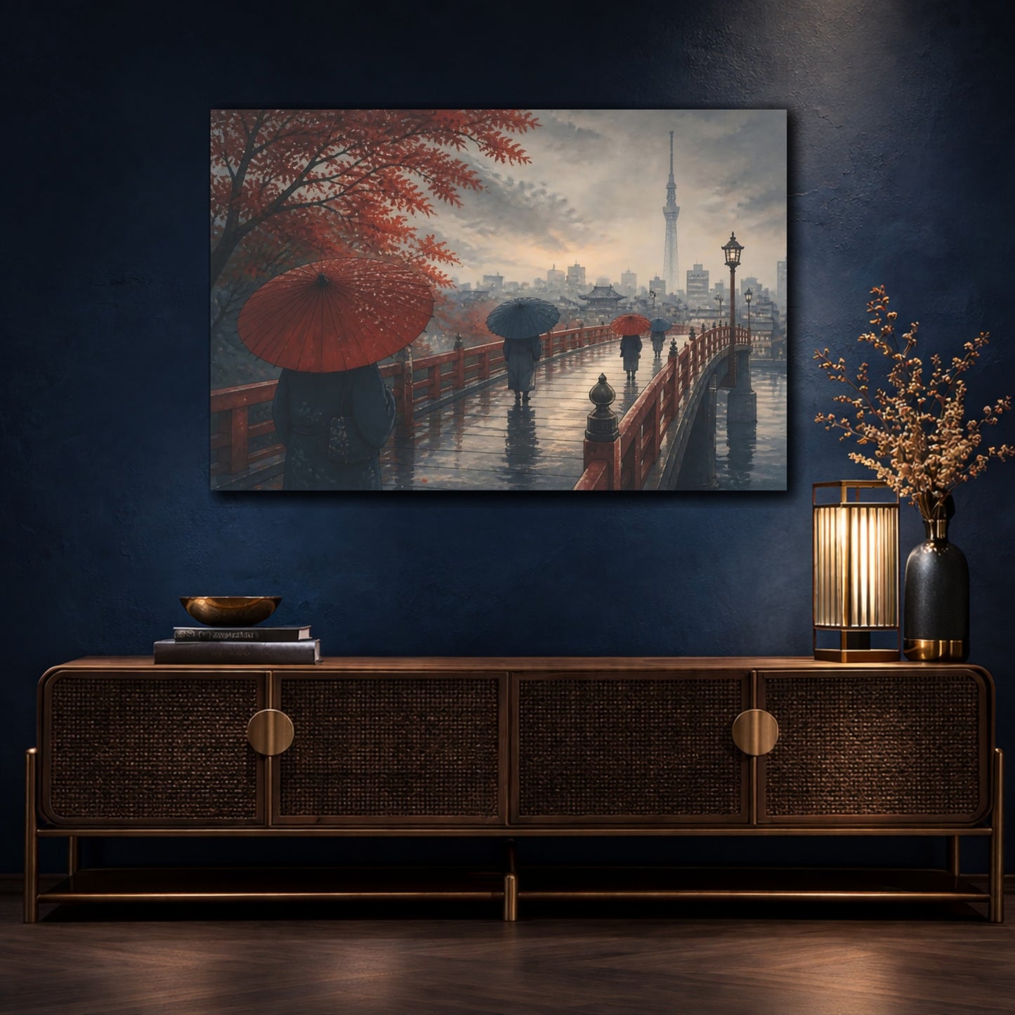 Mockup 4. Autumn Umbrellas On Bridge shown as canvas print