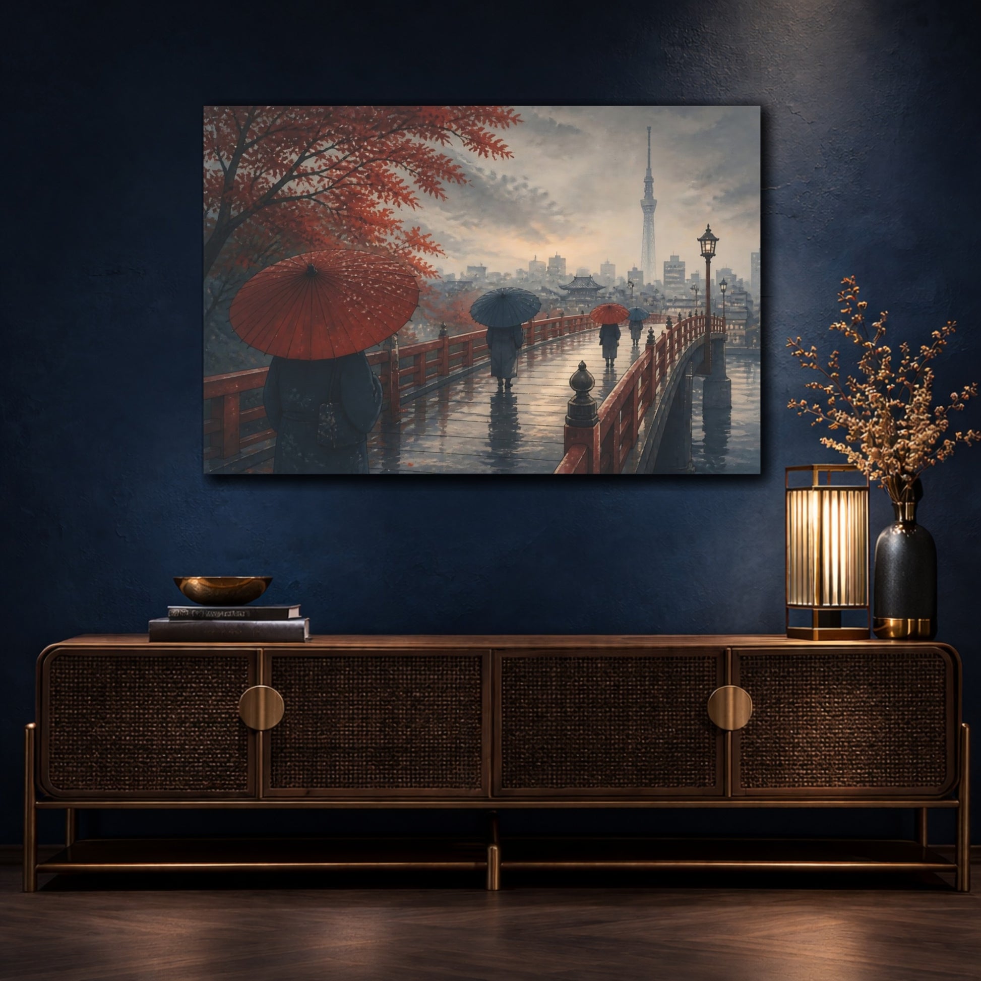 Mockup 4. Autumn Umbrellas On Bridge shown as canvas print