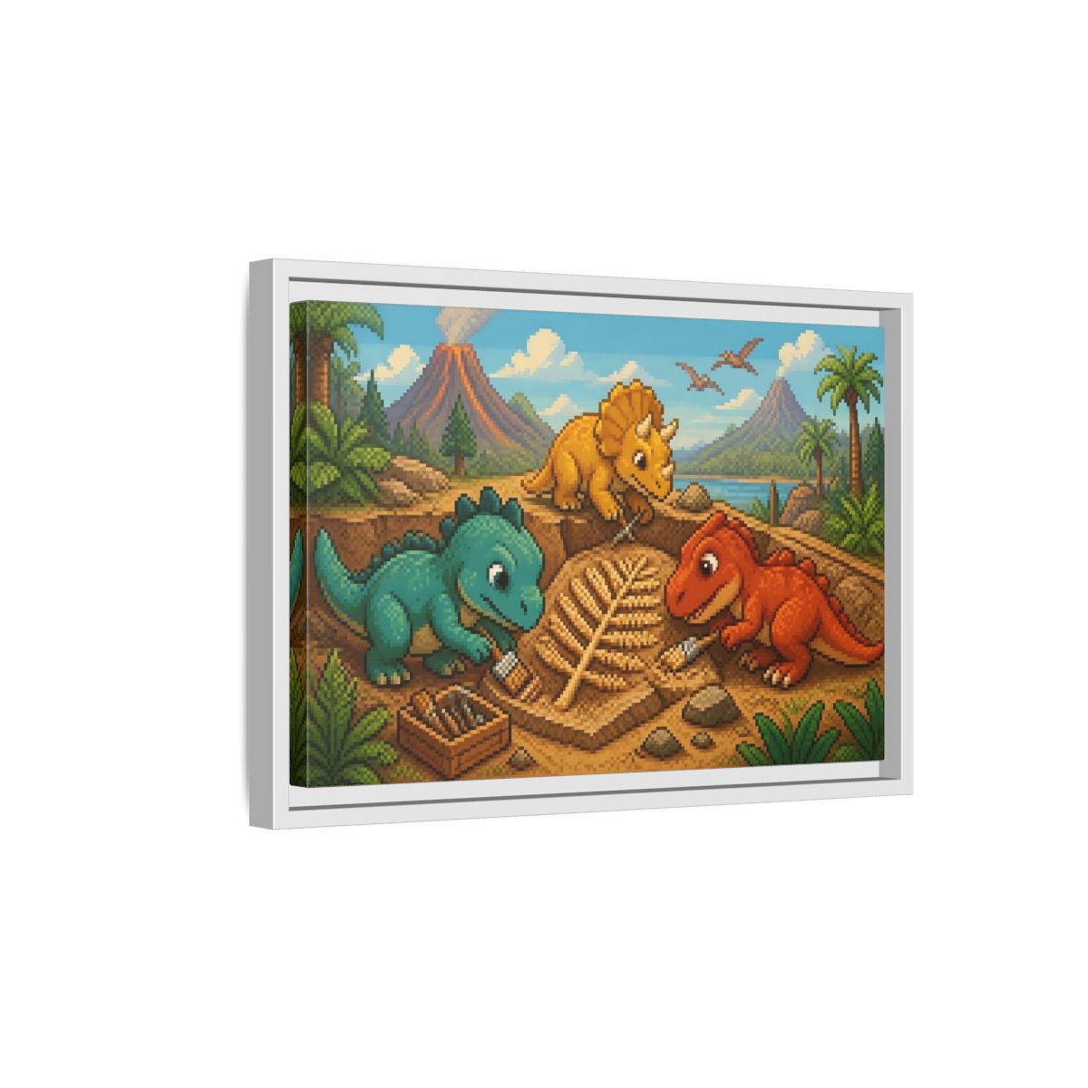 Side Mockup 4. Baby Dinosaur Dig shown as framed canvas print