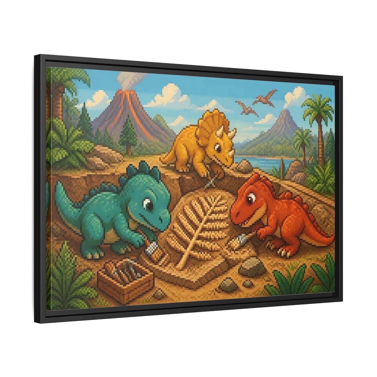Side Mockup 14. Baby Dinosaur Dig shown as framed canvas print