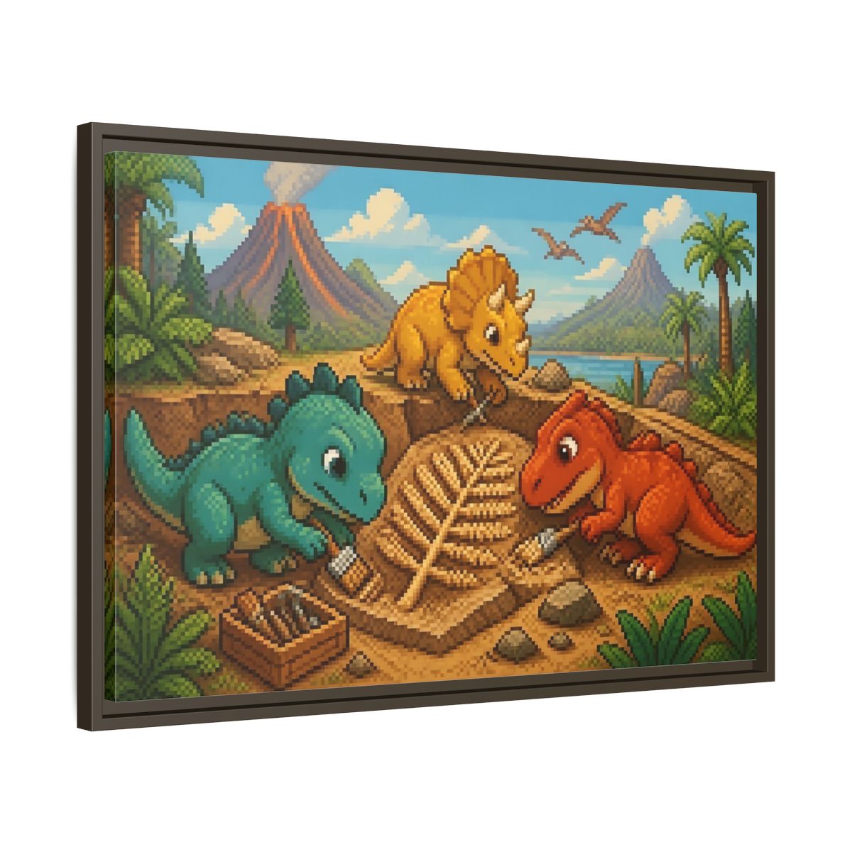 Side Mockup 11. Baby Dinosaur Dig shown as framed canvas print