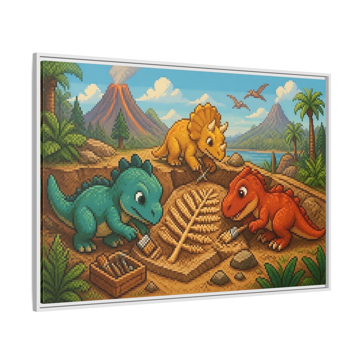 Side Mockup 7. Baby Dinosaur Dig shown as framed canvas print