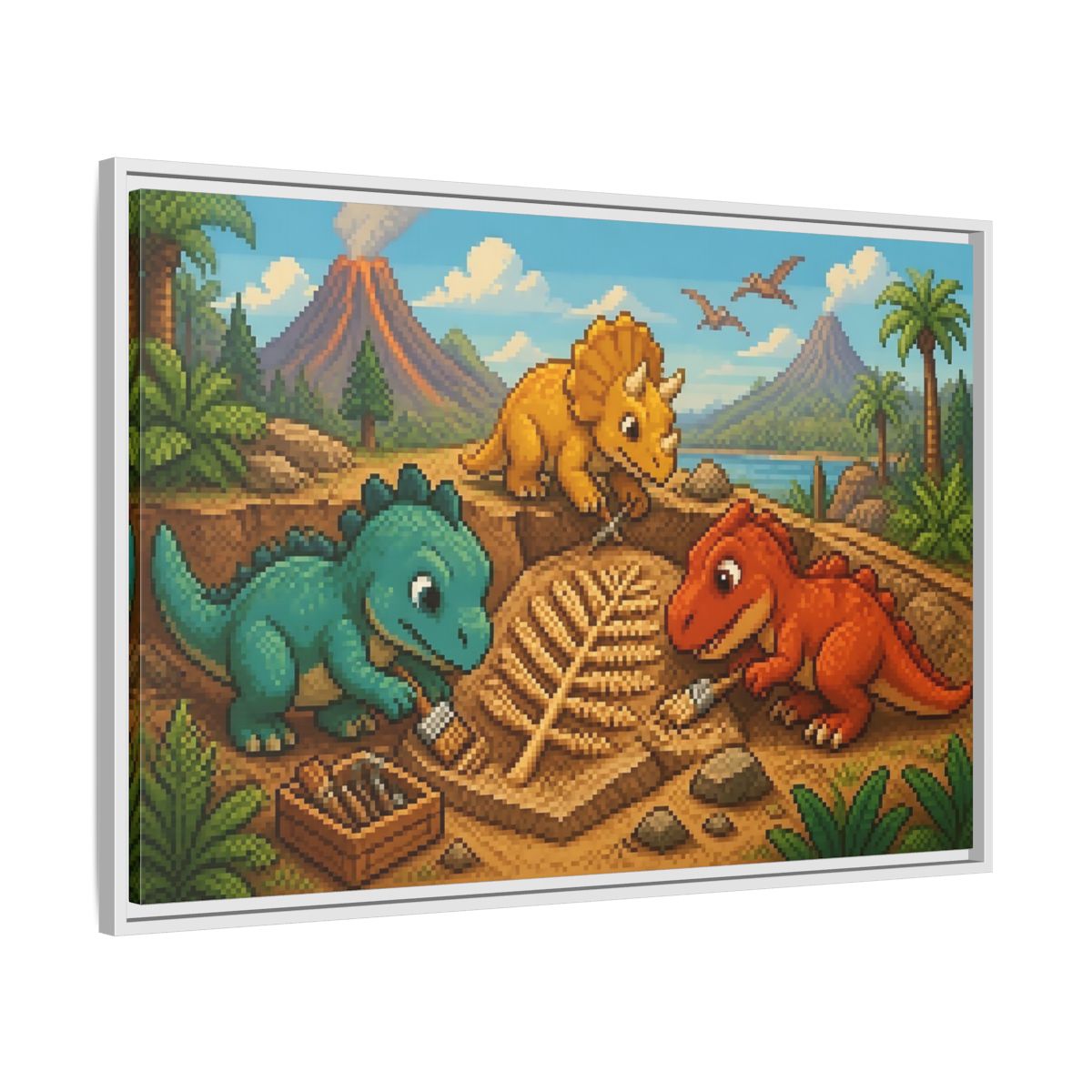 Side Mockup 9. Baby Dinosaur Dig shown as framed canvas print