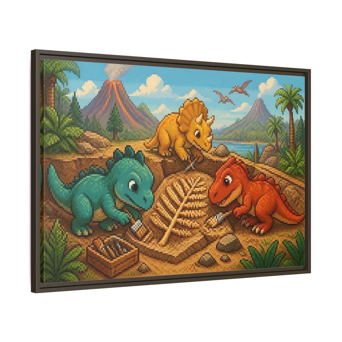 Main Mockup. Baby Dinosaur Dig shown as framed canvas print