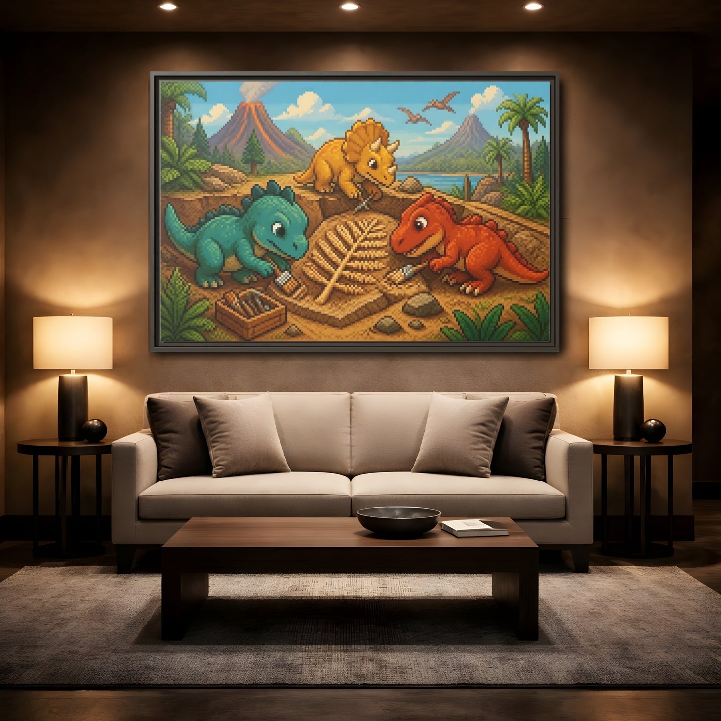 Mockup 2. Baby Dinosaur Dig shown as framed canvas print