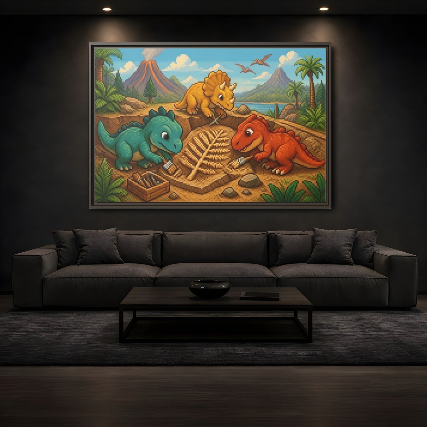 Mockup 3. Baby Dinosaur Dig shown as framed canvas print