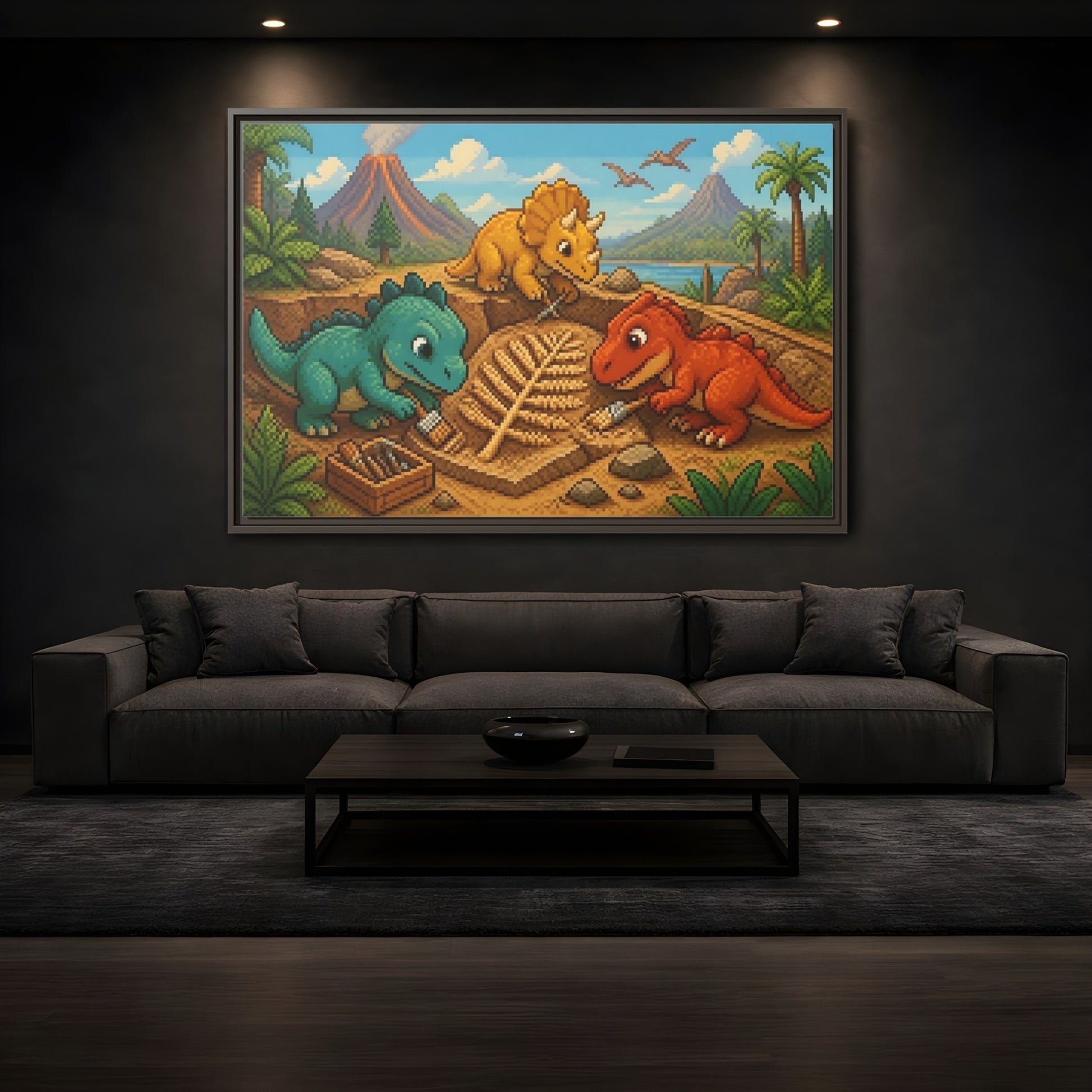 Mockup 3. Baby Dinosaur Dig shown as framed canvas print