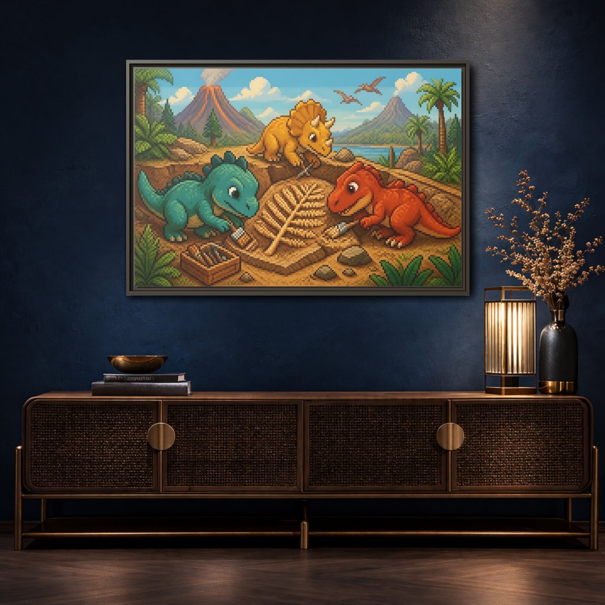 Mockup 4. Baby Dinosaur Dig shown as framed canvas print