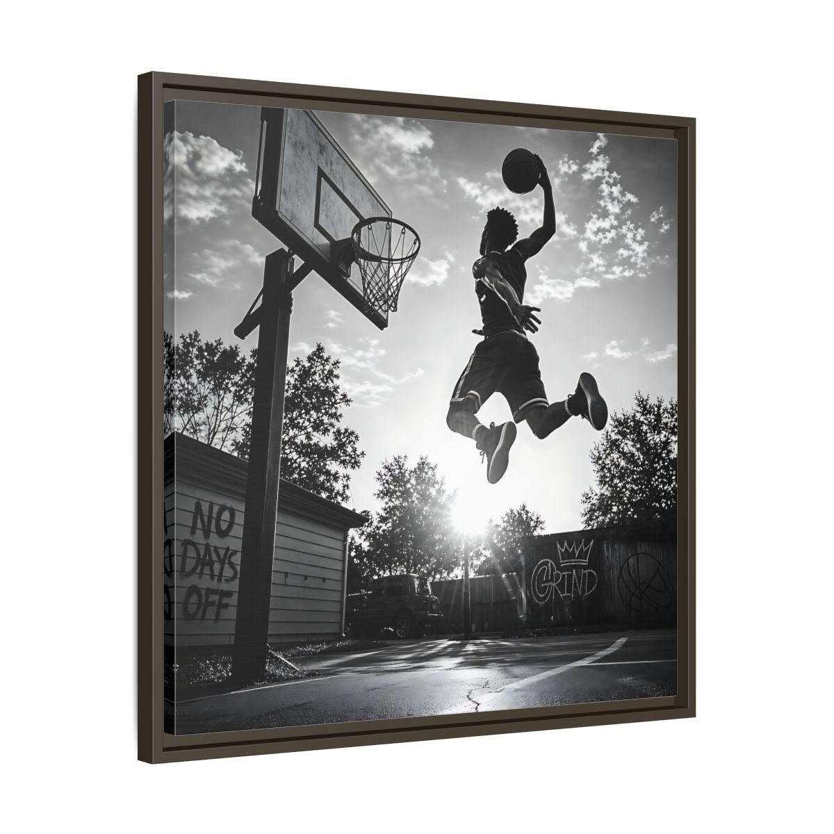 Side Mockup 27. Backyard Slam Dunk shown as framed canvas print