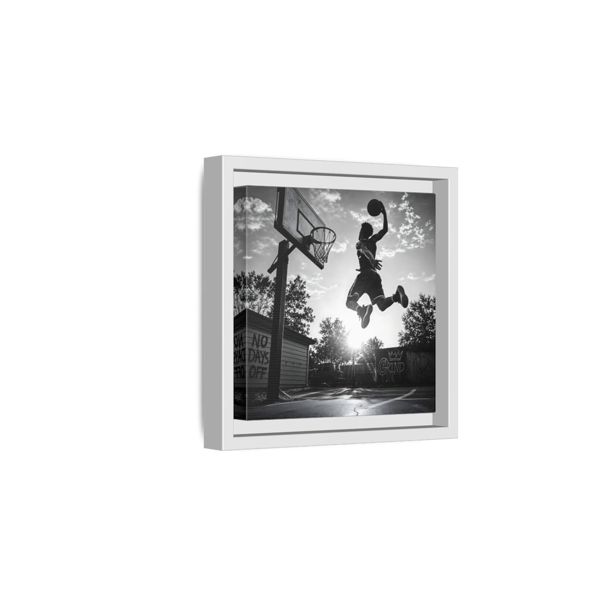 Side Mockup 1. Backyard Slam Dunk shown as framed canvas print