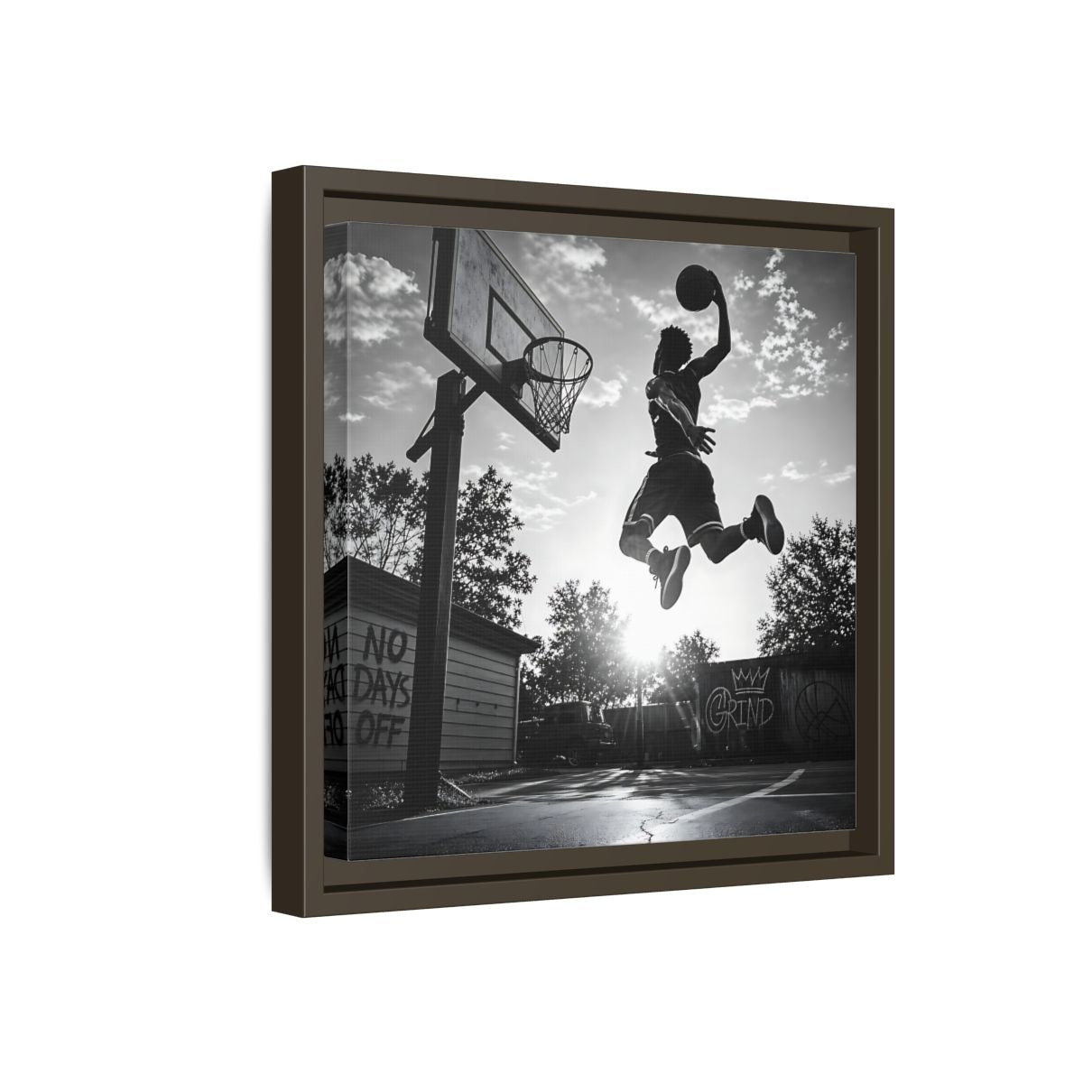 Side Mockup 17. Backyard Slam Dunk shown as framed canvas print