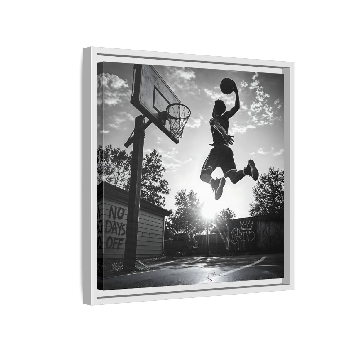 Side Mockup 13. Backyard Slam Dunk shown as framed canvas print