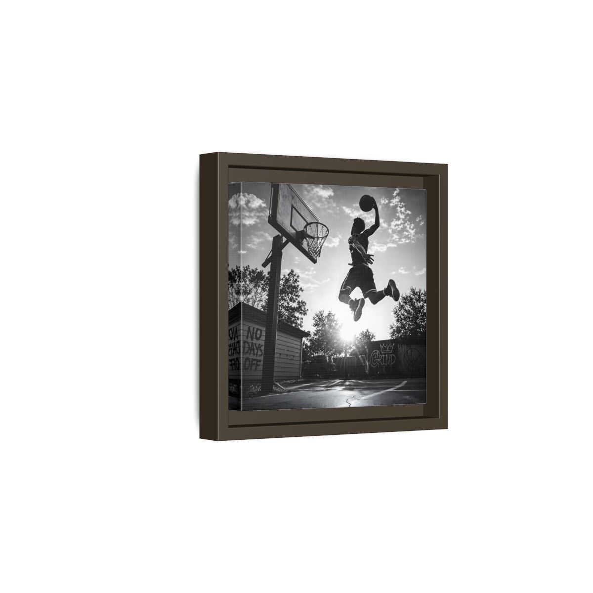 Side Mockup 2. Backyard Slam Dunk shown as framed canvas print