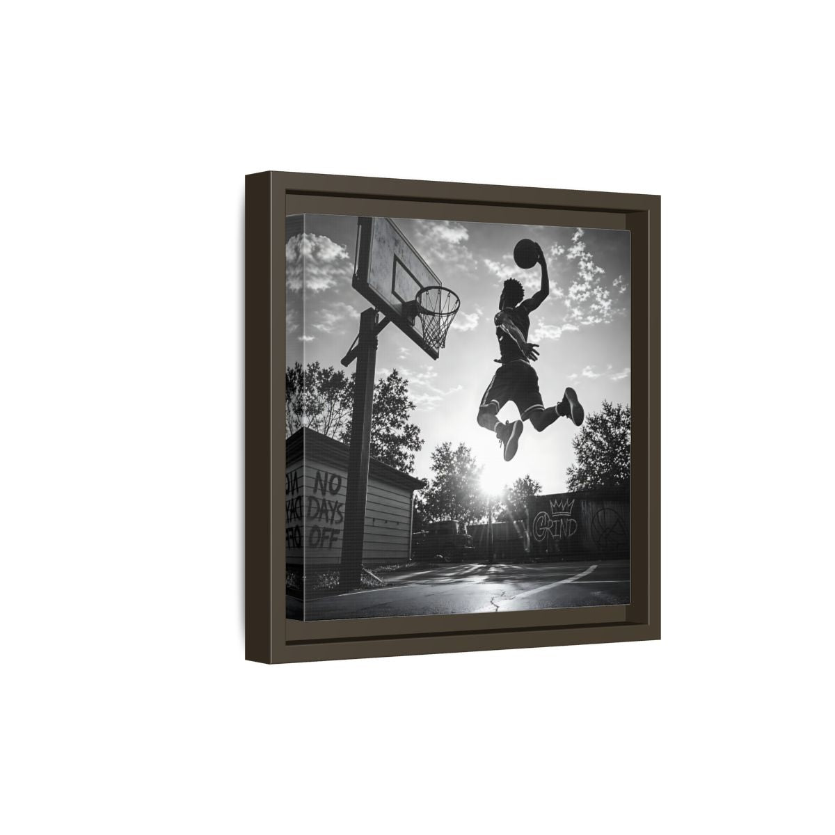Side Mockup 20. Backyard Slam Dunk shown as framed canvas print