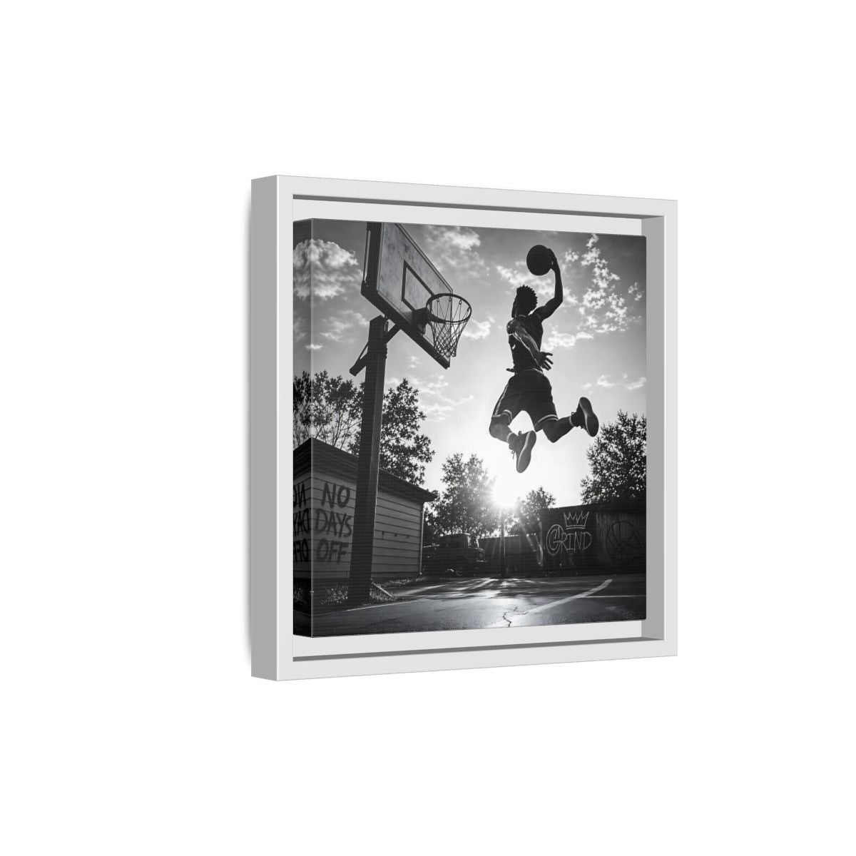 Side Mockup 19. Backyard Slam Dunk shown as framed canvas print