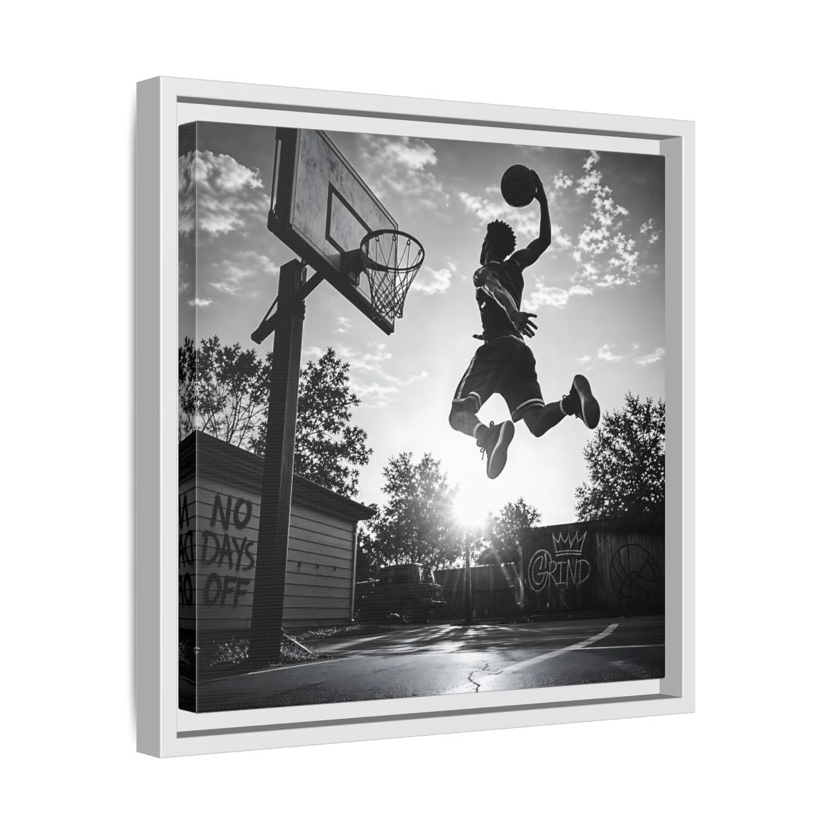 Side Mockup 28. Backyard Slam Dunk shown as framed canvas print