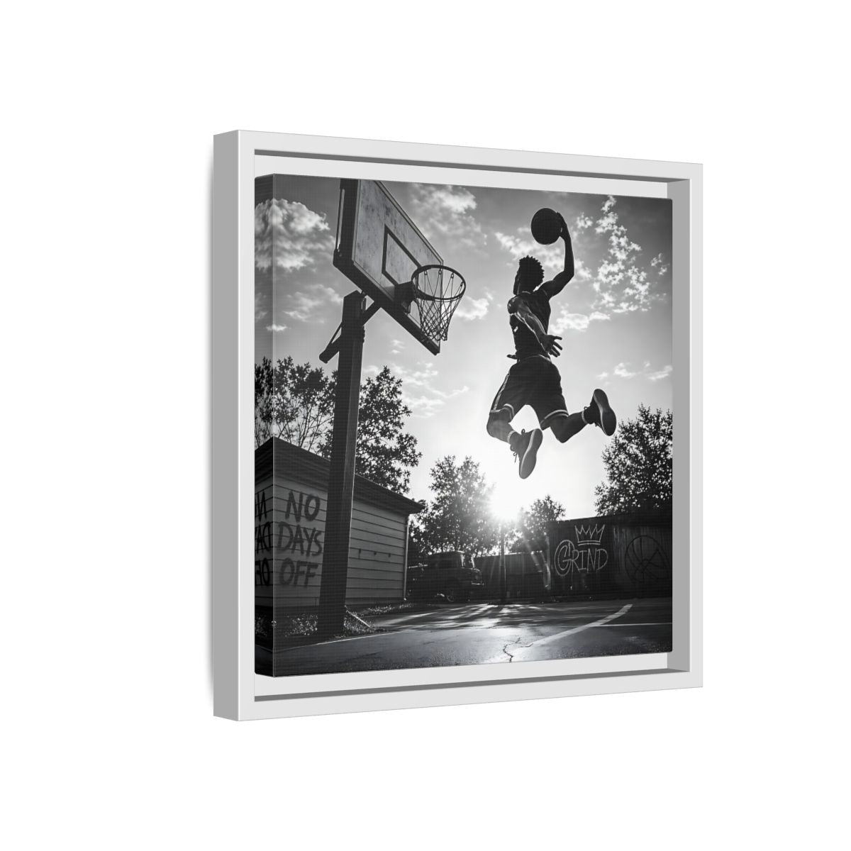 Side Mockup 16. Backyard Slam Dunk shown as framed canvas print