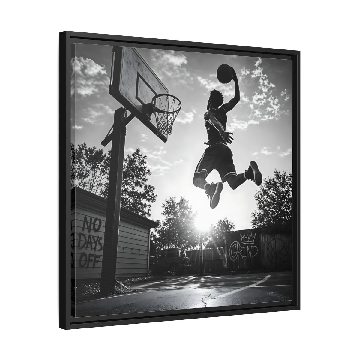Side Mockup 31. Backyard Slam Dunk shown as framed canvas print
