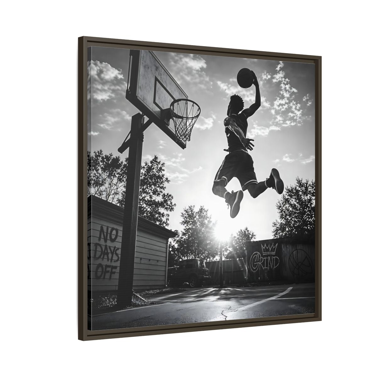 Side Mockup 8. Backyard Slam Dunk shown as framed canvas print