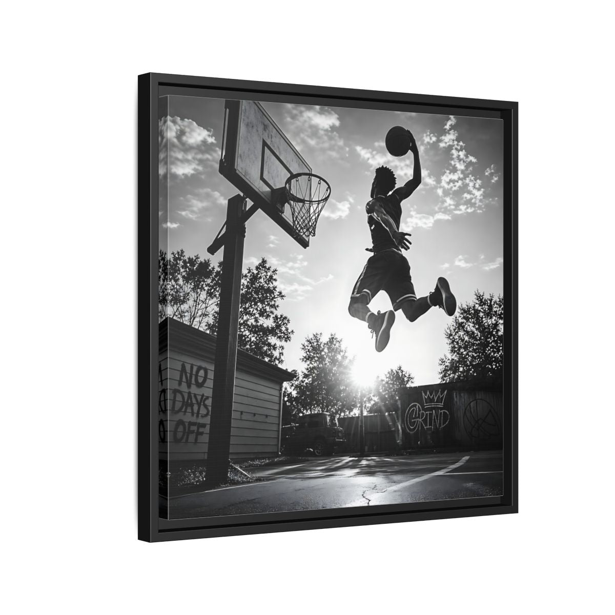 Side Mockup 12. Backyard Slam Dunk shown as framed canvas print