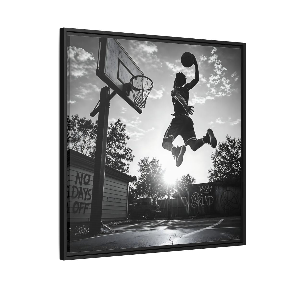 Side Mockup 9. Backyard Slam Dunk shown as framed canvas print